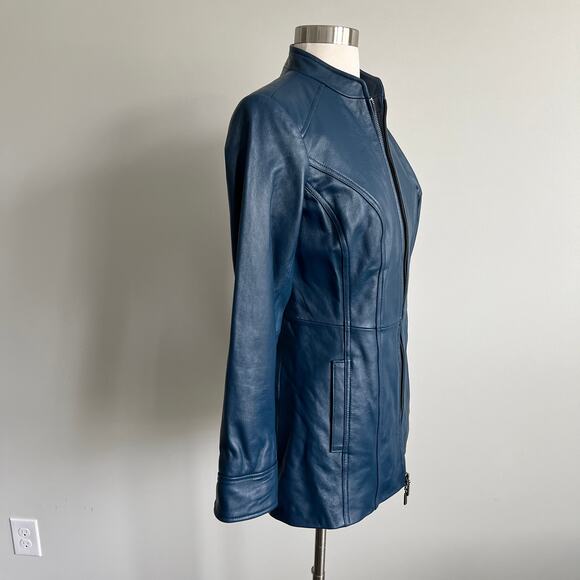 Denim and Company d & co. Blue Leather Jacket Mock Neck Two Way Zip XXSP - Picture 6 of 15